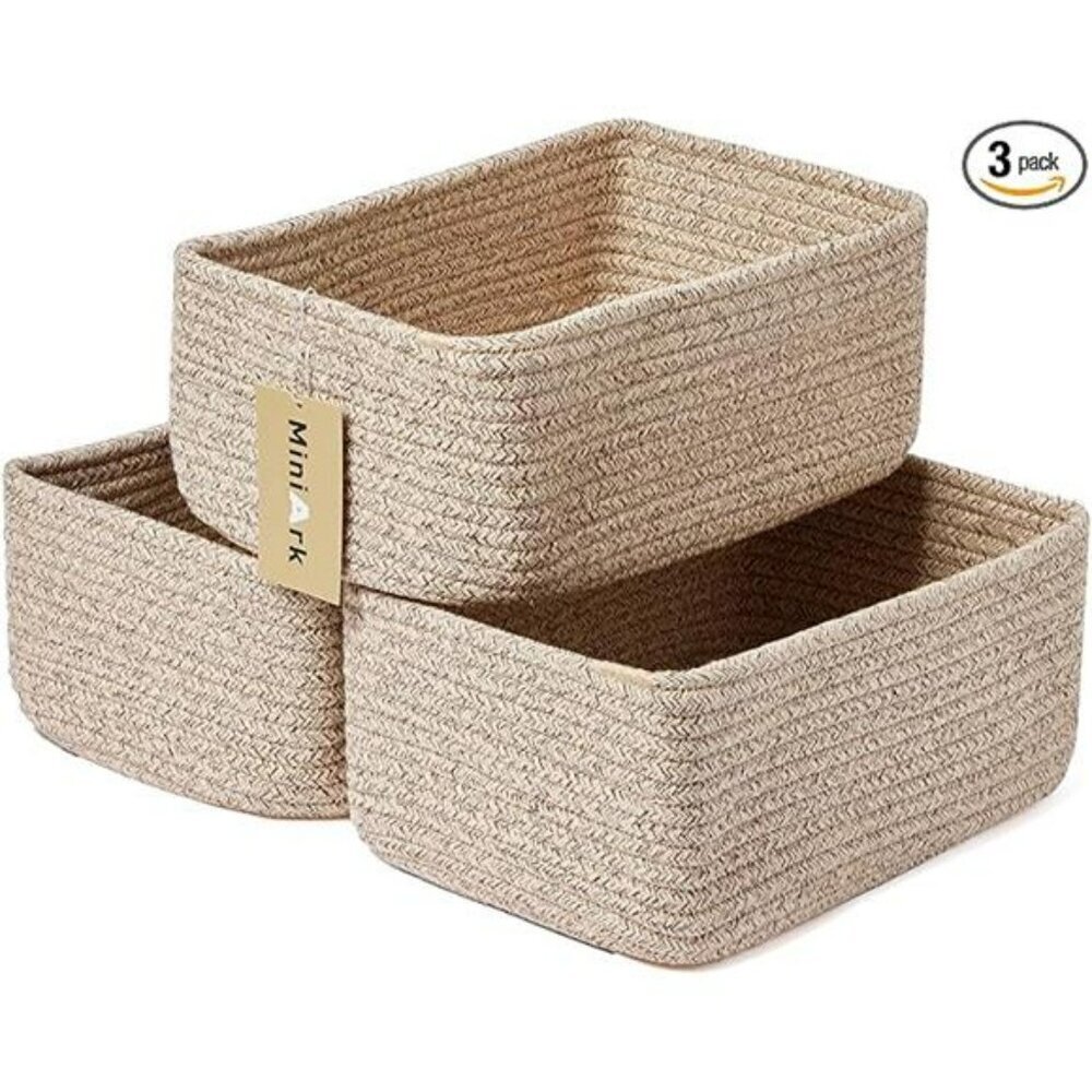3 Pack Woven Cotton Storage Baskets Small Shelf Closet Organizer Bin Set - Picture 8 of 8